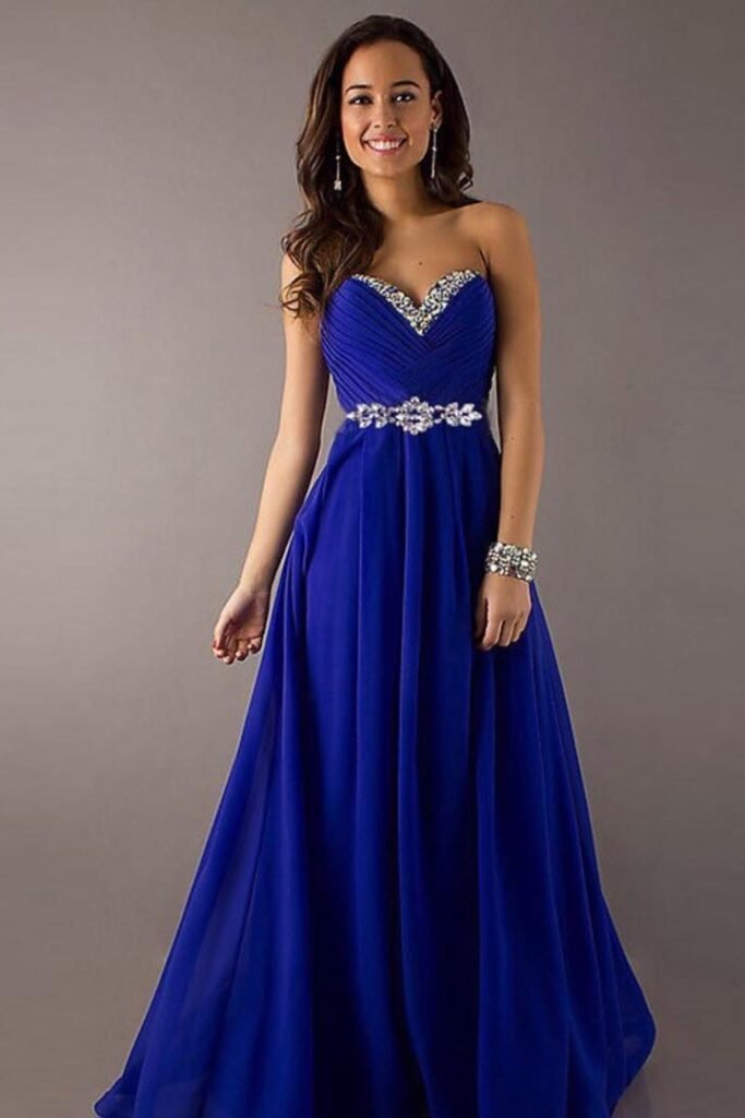 Royal Blue Strapless Chiffon Gown with Rhinestone Waistband + Silver Drop Earrings