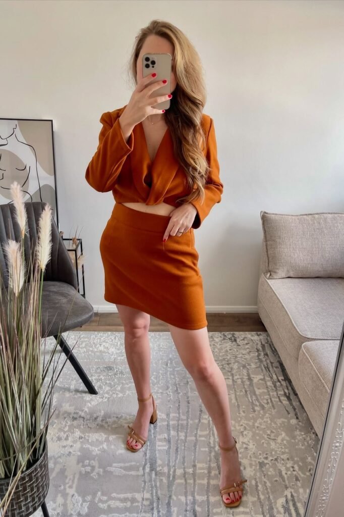 Rust Orange Cropped Wrap Top + Rust Orange Mini Skirt + Tan Block Heel Sandals