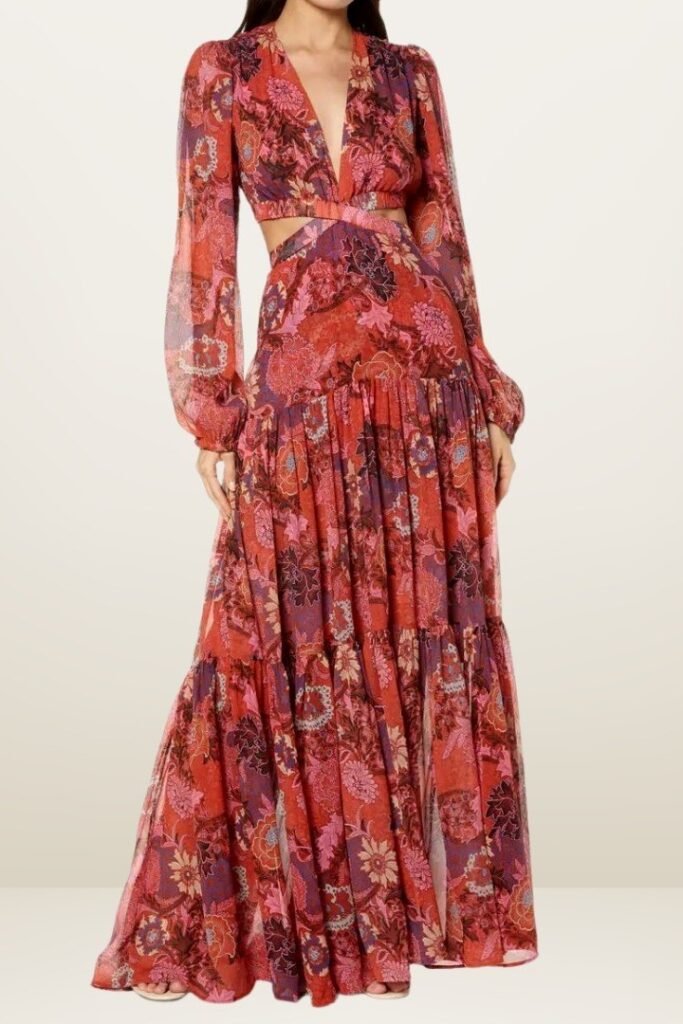 Rust Orange Paisley Cut-Out Maxi Dress + Lantern Sleeves