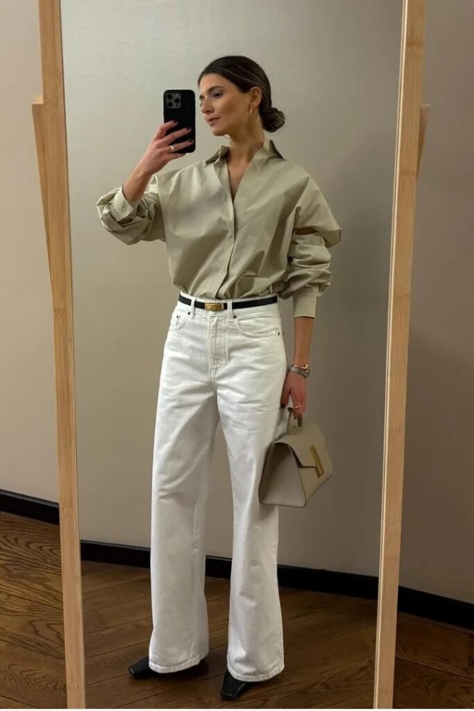 Sage Green Button-Down Shirt + White Wide-Leg Jeans + Black Square-Toe Flats
