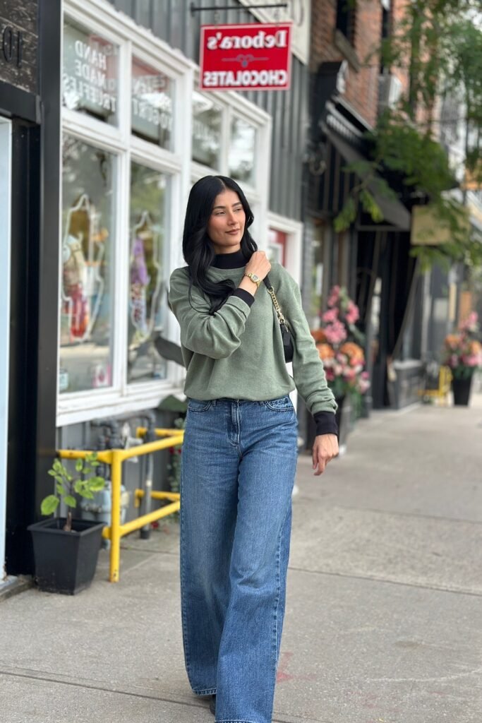 Sage Green Crewneck Sweater + Mid-Wash Straight Wide-Leg Jeans + Black Boots