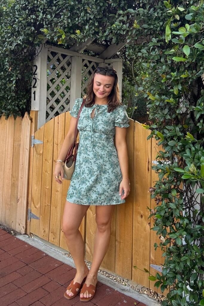 Sage Green Floral Mini Dress + Brown Strappy Sandals + Straw Shoulder Bag
