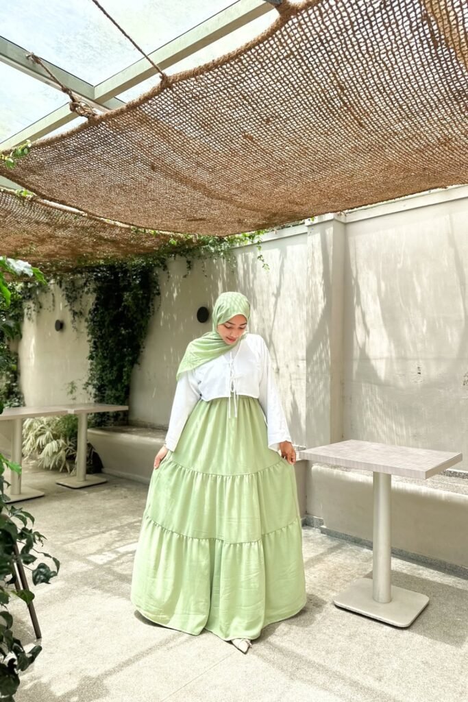 Sage Green Hijab + White Cropped Tie-Front Blouse + Sage Green Tiered Maxi Skirt + Cream Pointed Flats