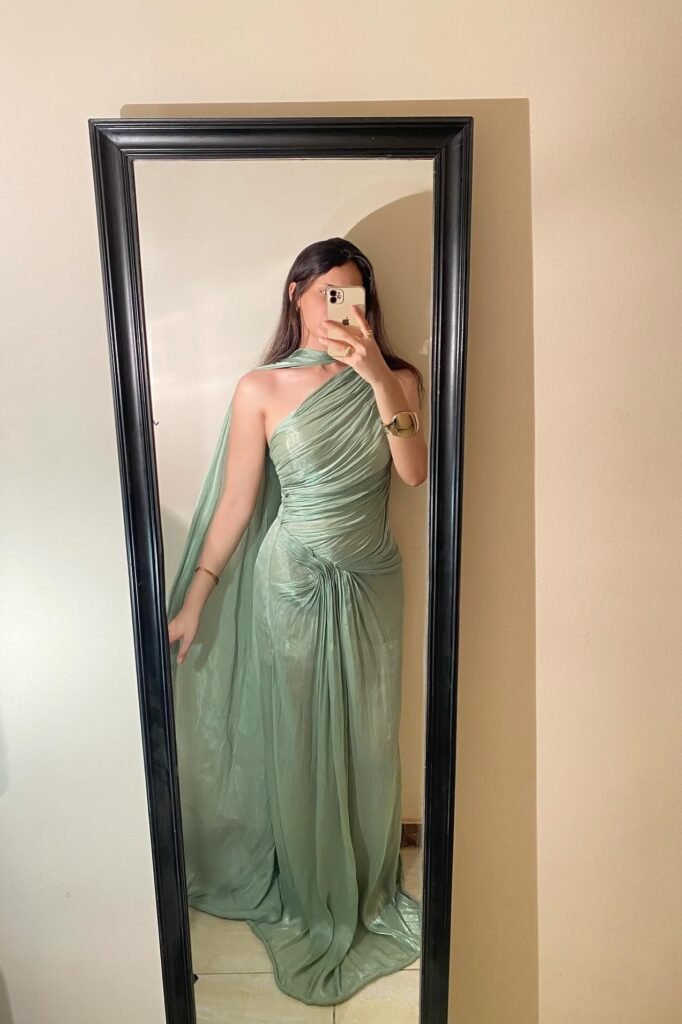Sage Green One-Shoulder Draped Gown + Gold Statement Cuff