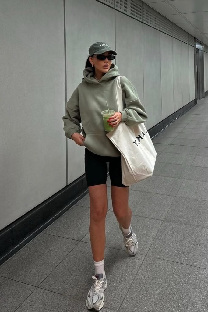 Sage Green Oversized Hoodie + Black Biker Shorts + White Crew Socks + Grey Athletic Sneakers