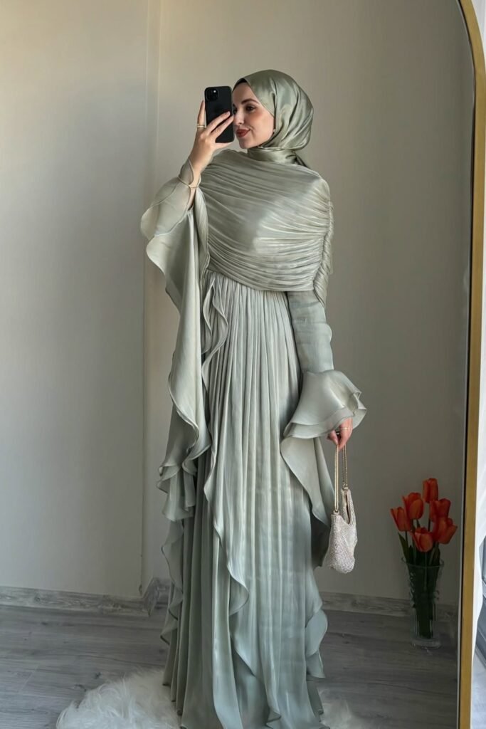 Sage Green Pleated Satin Gown + Matching Sage Hijab + Silver Rhinestone Mini Bag