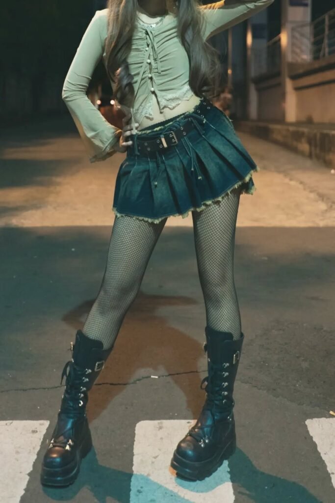 Sage Green Ruched Long Sleeve Top + Denim Pleated Micro Mini Skirt + Fishnet Tights + Black Platform Combat Boots