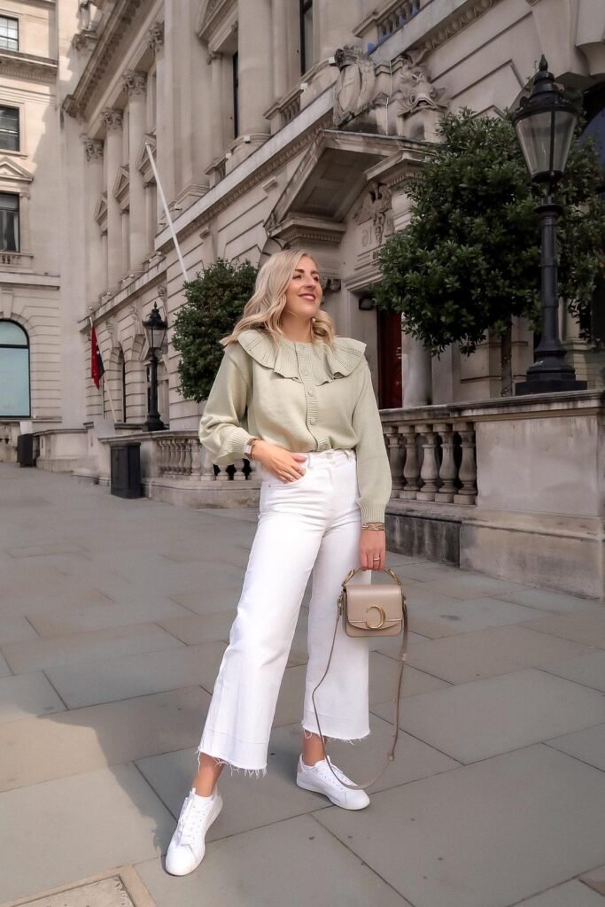 Sage Green Ruffle Cardigan + White Cropped Wide-Leg Jeans + White Sneakers