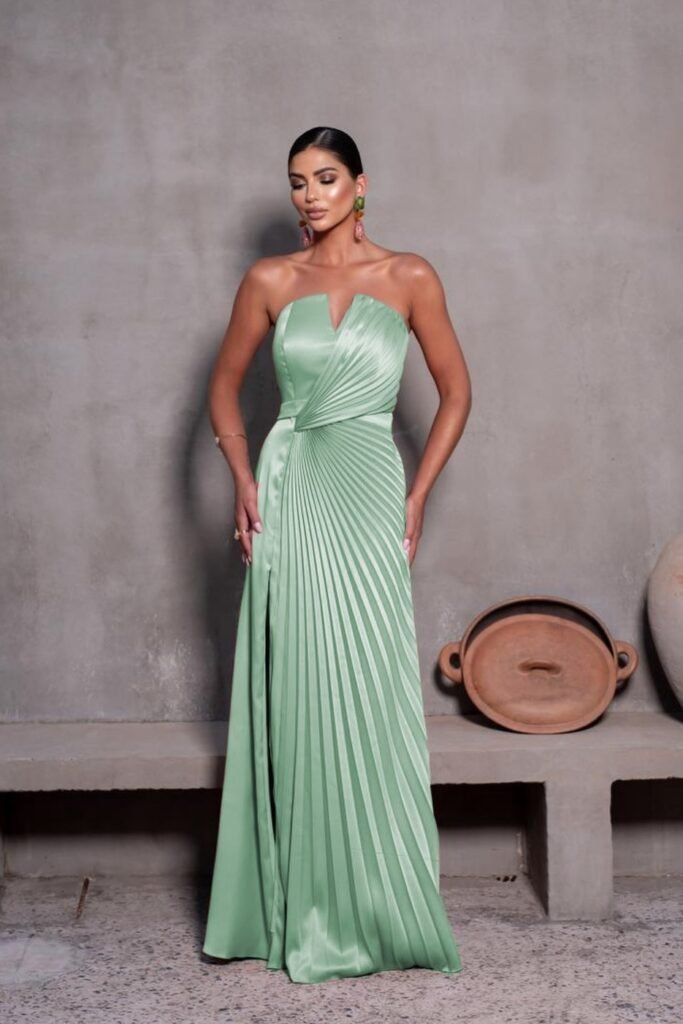 Sage Green Strapless Satin Gown with Sunburst Pleated Bodice and Thigh-High Slit + Statement Drop Earrings
