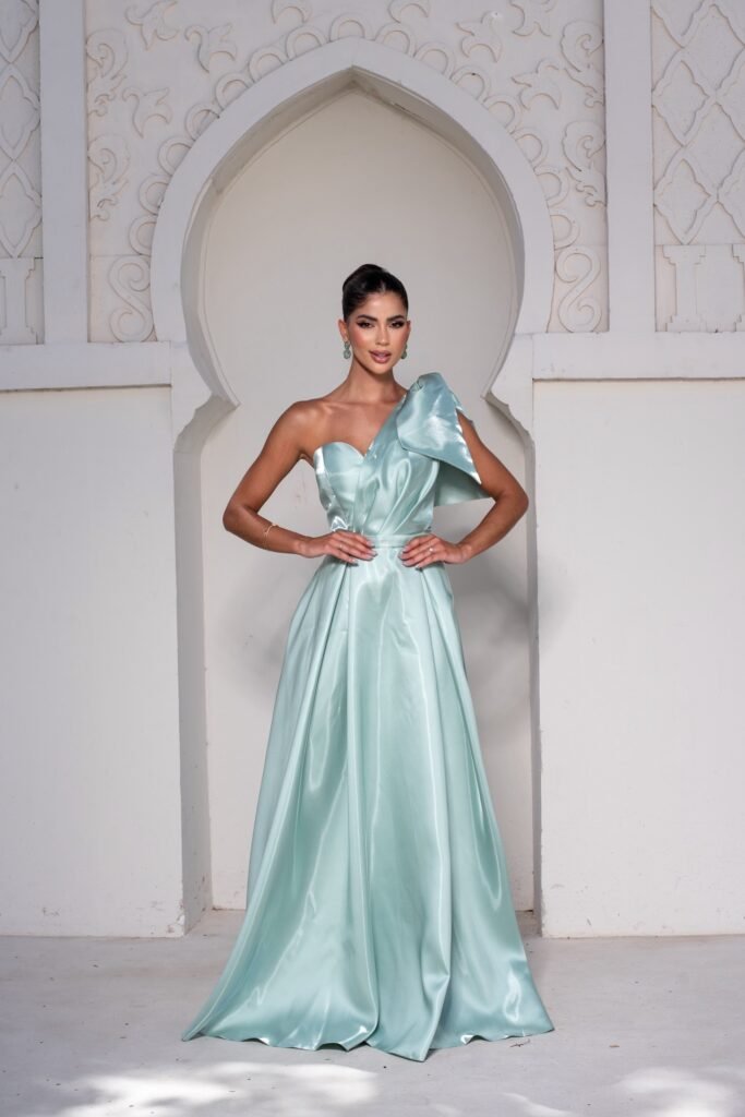 Seafoam Green One-Shoulder Satin Gown + Oversized Bow Detail + Emerald Earrings