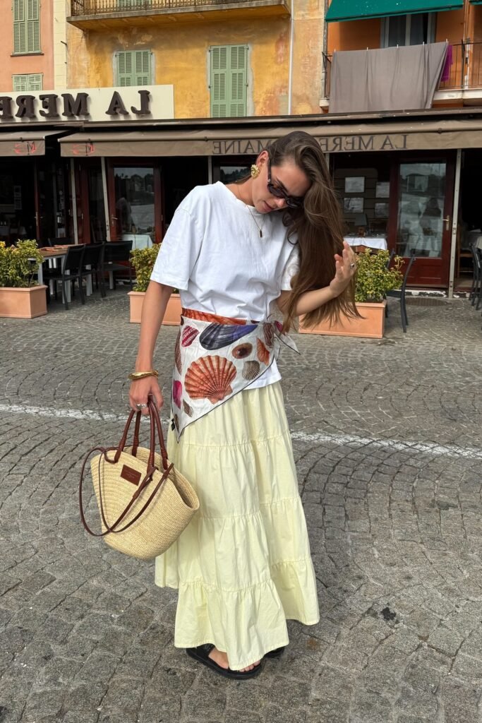 Seashell Print Waist-Scarf + Oversized White T-Shirt + Pale Yellow Tiered Maxi Skirt + Black Sandals