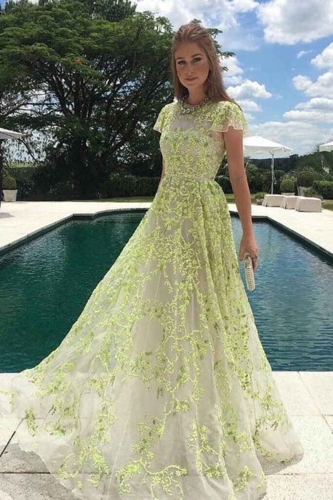 Sheer Cream A-line Dress + Neon Yellow Floral Embroidery + Flutter Sleeves