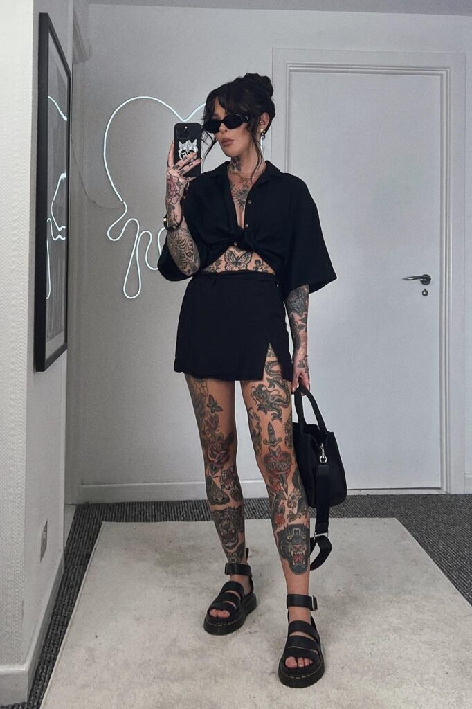 Short-Sleeve Black Tie-Front Shirt + Black Mini Skirt + Black Multi-Strap Platform Sandals