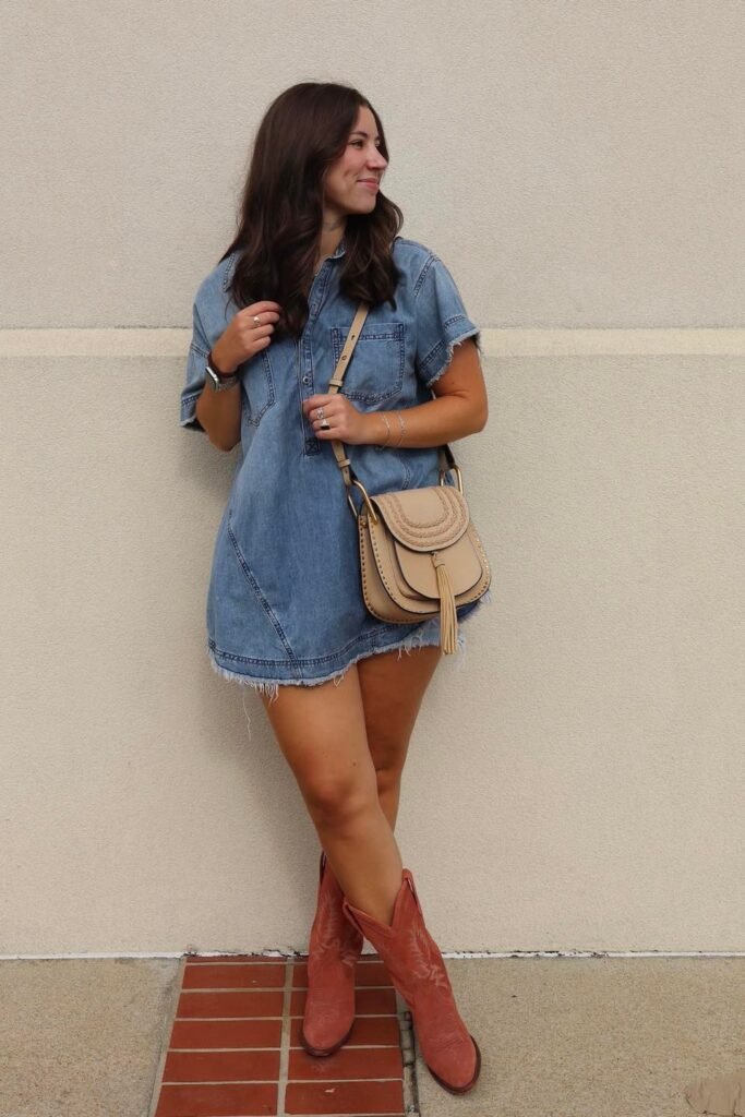 Short-Sleeve Denim Mini Dress + Burnt Orange Suede Boots + Tan Tassel Crossbody Bag