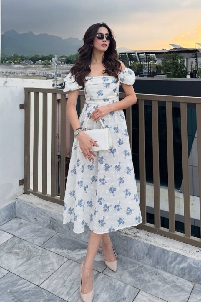 Short-Sleeve Floral Midi Dress + Nude Pumps + White Top-Handle Bag