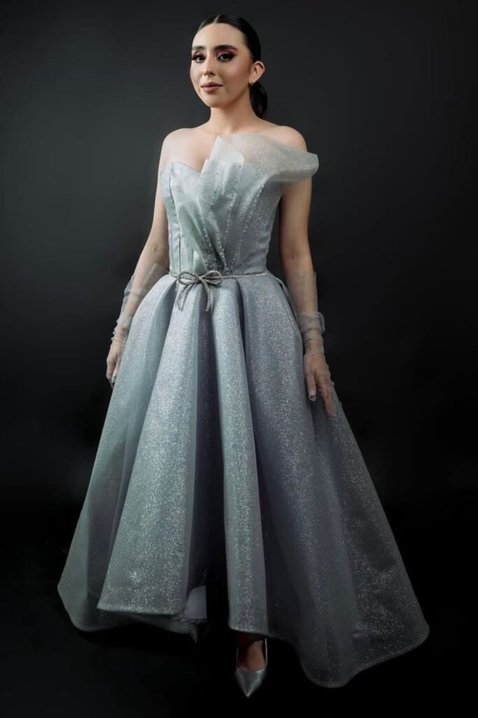 Silver Glitter A-Line Gown with Asymmetrical Bodice + Silver Pointed-Toe Heels