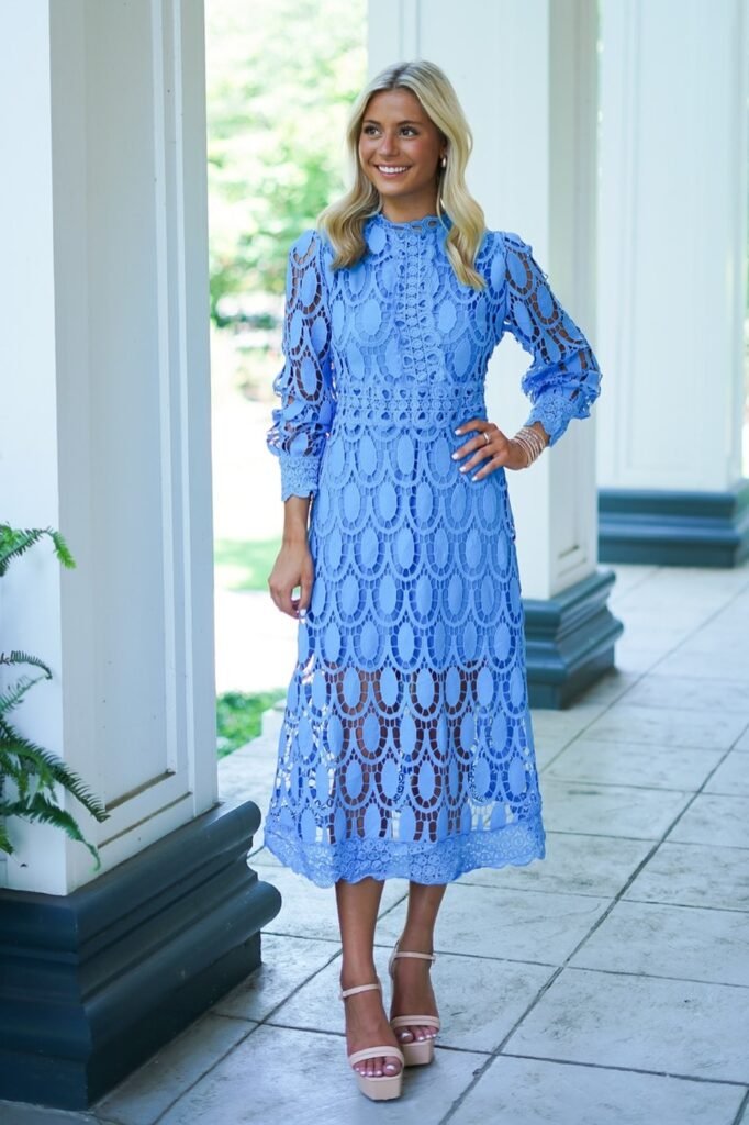 Sky Blue Eyelet Lace Midi Dress + Gold Bangles + Nude Platform Heels