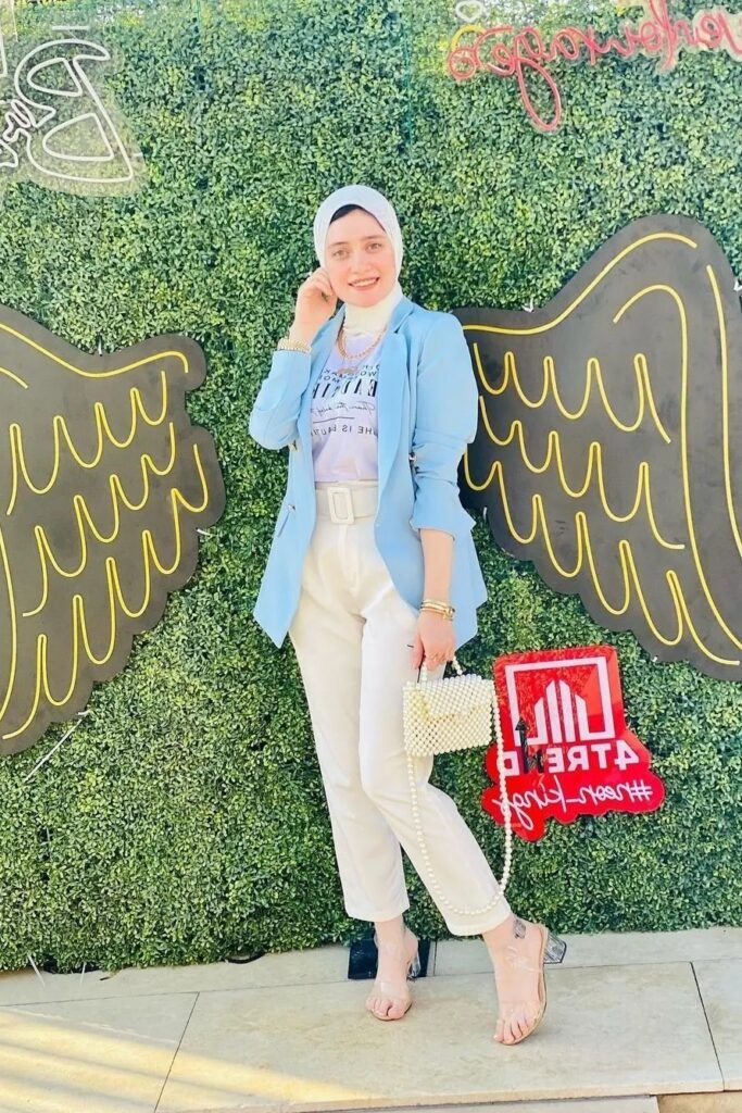 Sky Blue Structured Blazer + White Graphic Tee + White Cropped Trousers + Clear Block Heels