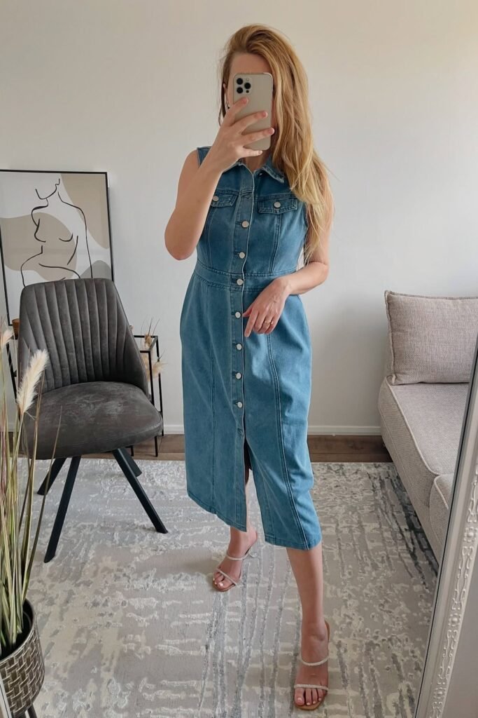 Sleeveless Button-Down Denim Midi Dress + Silver Sparkly Heeled Sandals
