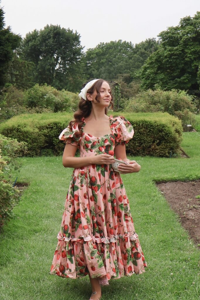 Strawberry Print A-Line Dress + Ruffled Puff Sleeves + White Headscarf