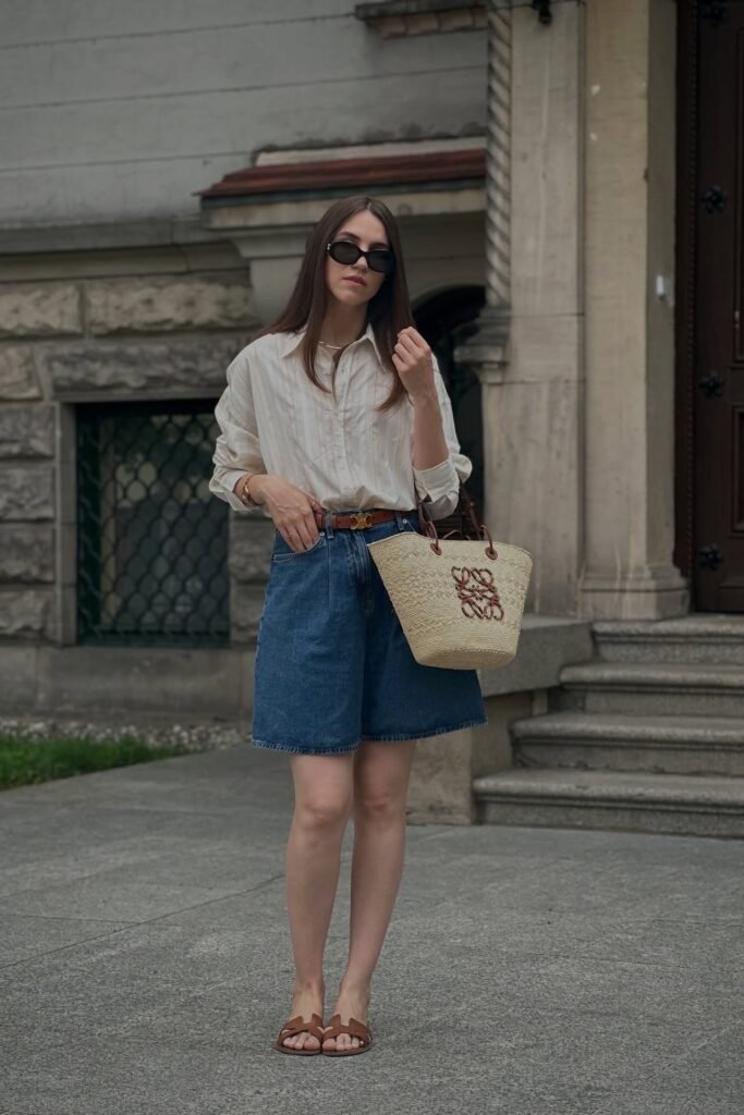Striped Button-Down Shirt + Denim Bermuda Shorts + Brown Leather Slides