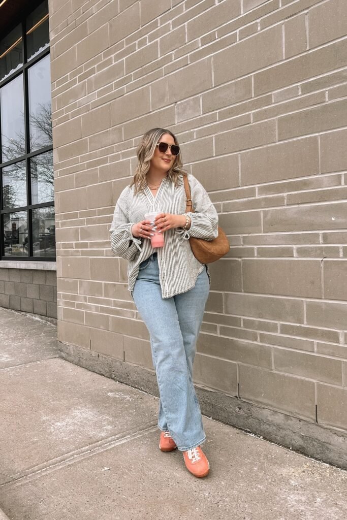 Striped Button-Down Shirt + Light Wash Straight Jeans + Coral Sneakers