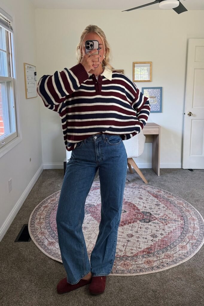 Striped Rugby Sweater + Medium Wash Straight Jeans + Burgundy Clogs