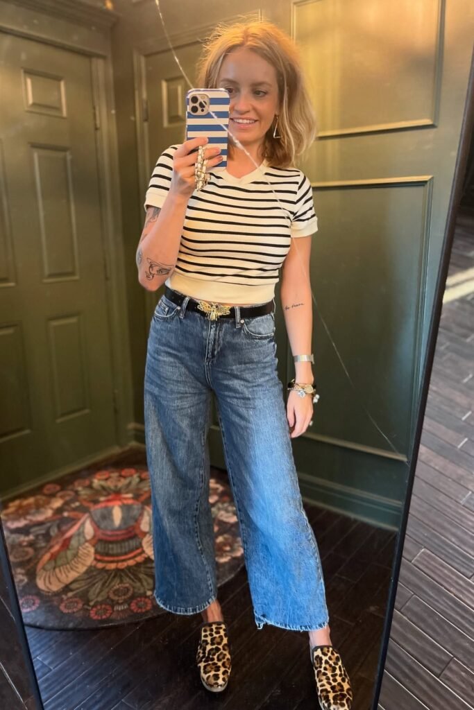 Striped Short-Sleeve Knit Top + Medium Wash Wide-Leg Jeans + Leopard Print Mules