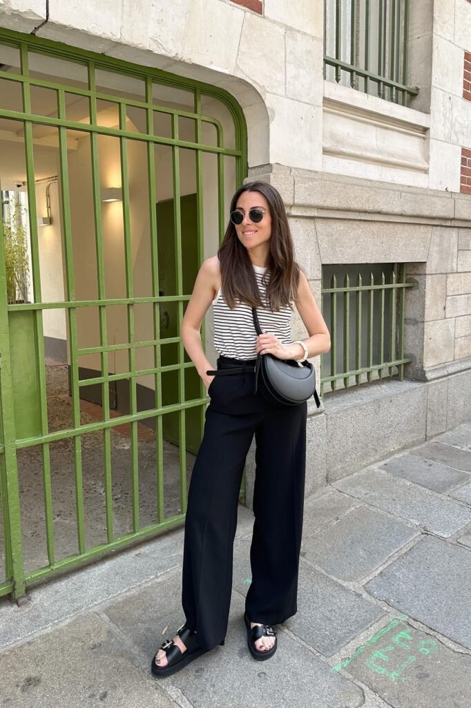Striped Tank Top + Black Wide-Leg Trousers + Black Buckle Sandals