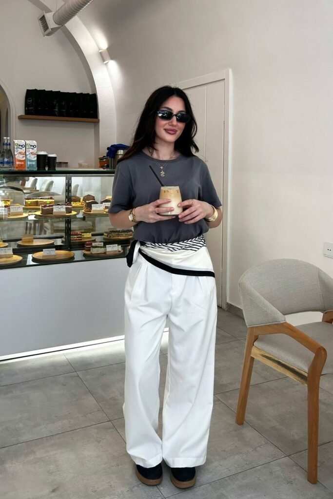 Striped Waist-Scarf + Charcoal T-Shirt + White Pleated Trousers + Black Platforms