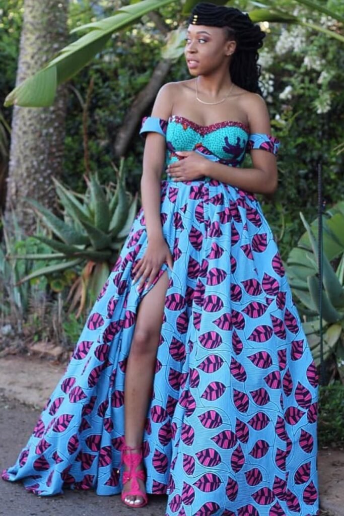 Sweetheart Neckline Ankara Ballgown with Thigh Slit + Pink Lace-up Sandals + Gold Chain Necklace