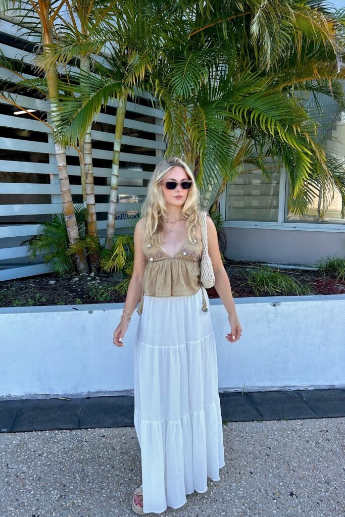 Tan Embroidered Boho Top + White Tiered Maxi Skirt + Beige Platform Sandals