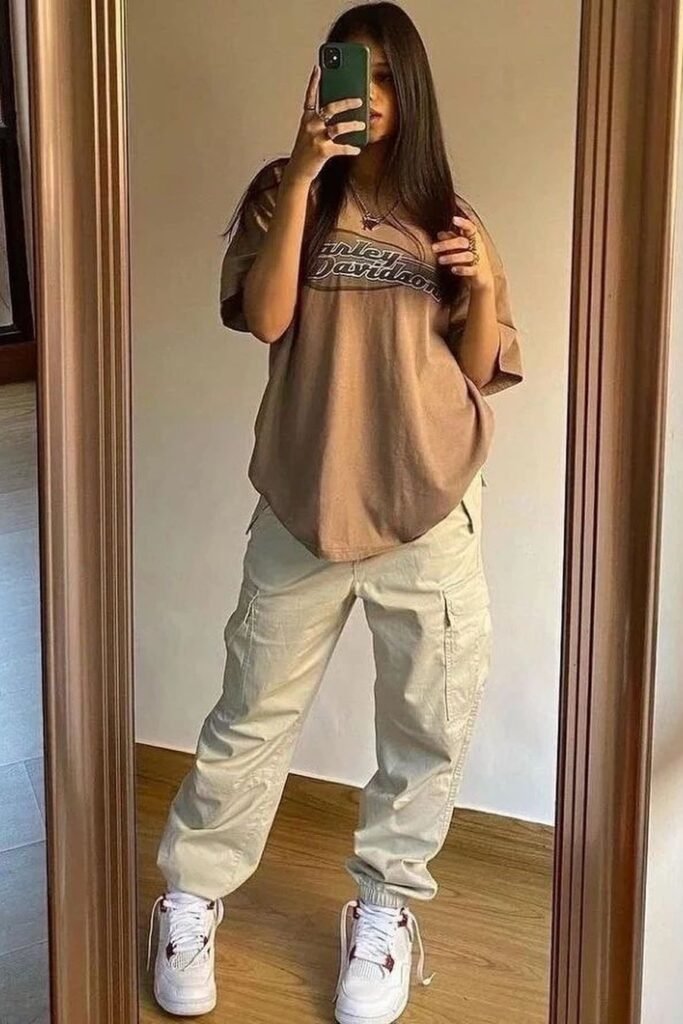 Tan Graphic Oversized T-Shirt + Beige Cargo Joggers + White High-Top Sneakers