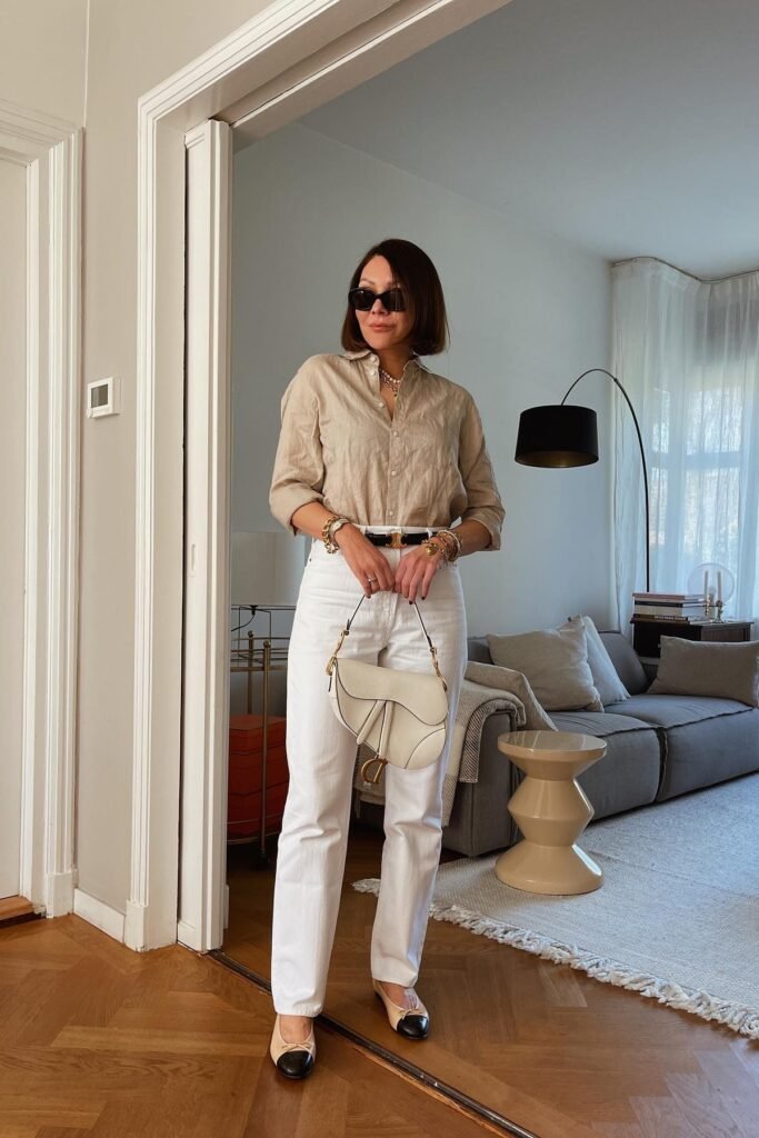 Tan Linen Button-Down Shirt + White Straight-Leg Jeans + Black Belt + Two-Tone Ballet Flats