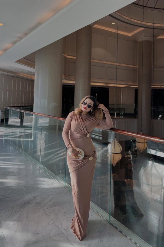 Tan Long-Sleeve Draped Wrap Maxi Dress + White Round Clutch Bag