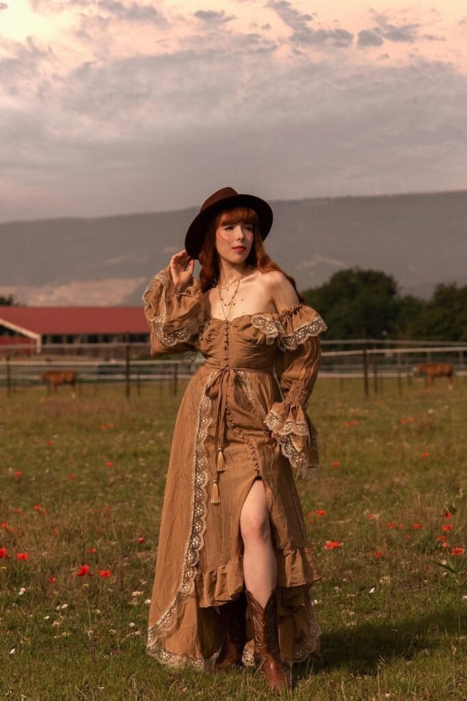 Tan Off-the-Shoulder Lace-Trimmed Gown + Brown Fedora + Brown Embroidered Cowboy Boots