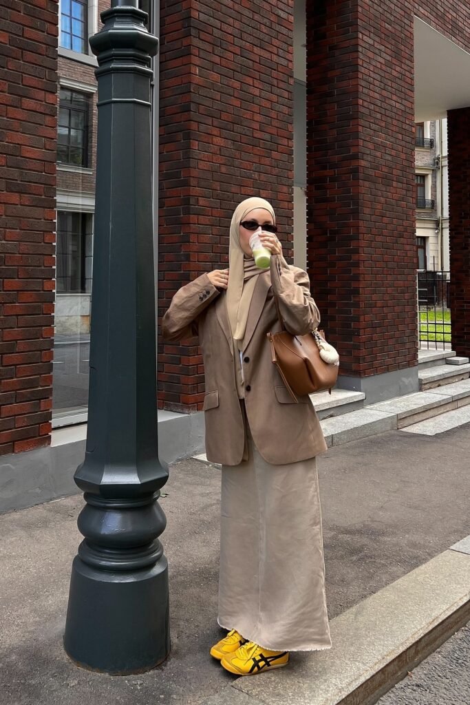 Tan Oversized Blazer + Beige Maxi Skirt + Yellow Onitsuka Tiger Sneakers