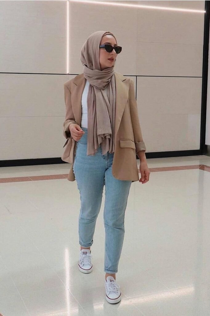 Tan Oversized Blazer + White Bodysuit + Light Wash Slim Jeans + White Canvas Sneakers