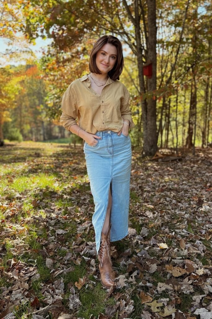 Tan Oversized Button-Down Shirt + Denim Maxi Skirt with Front Slit + Brown Western Boots