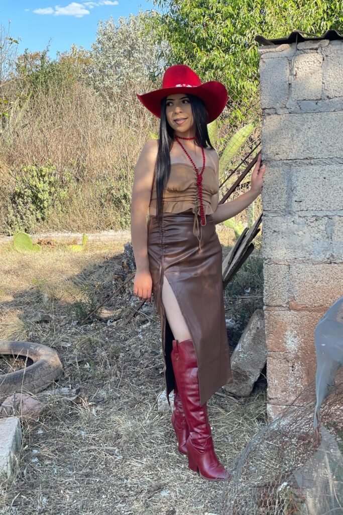 Tan Ruched Tube Top + Brown Faux-Leather Slit Skirt + Bold Red Cowboy Hat & Matching Boots