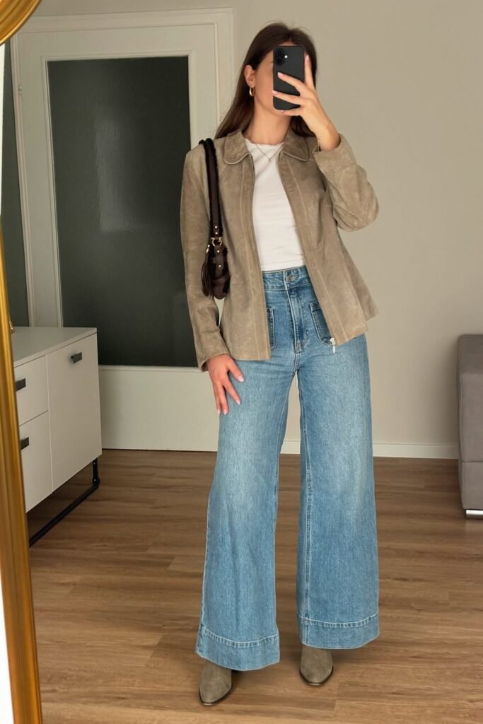 Tan Suede Zip-Up Jacket + White T-Shirt + Light Wash Wide-Leg Jeans + Tan Suede Boots