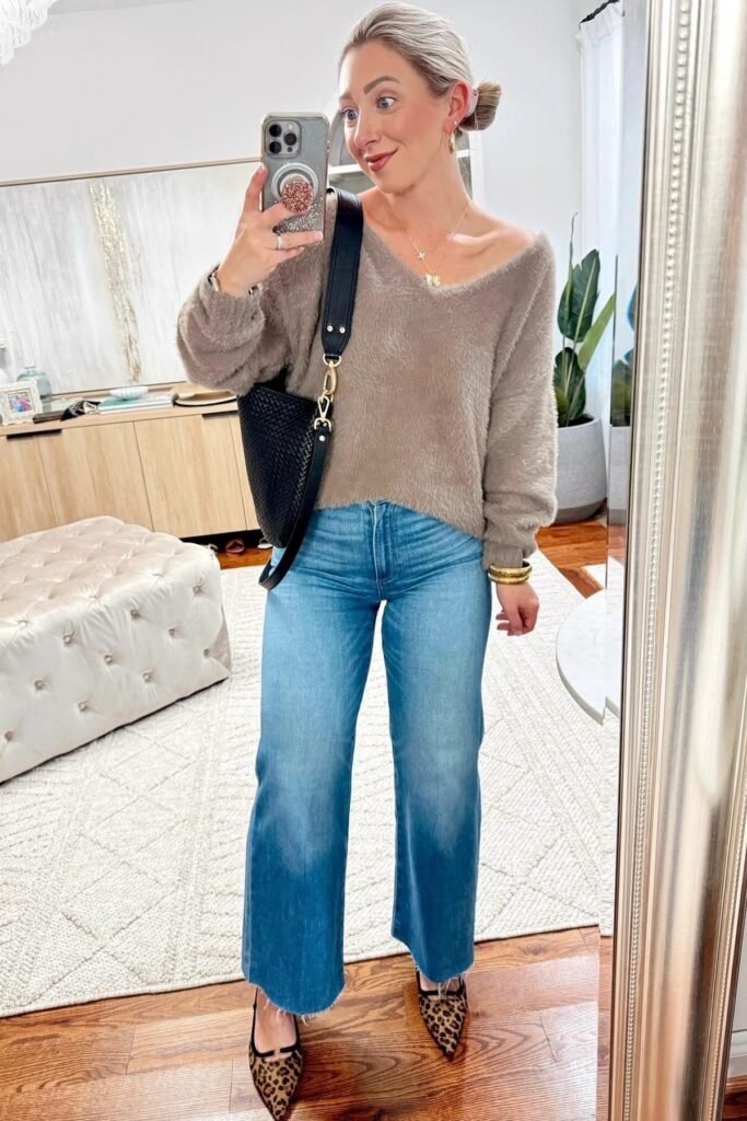 Taupe Fuzzy V-Neck Sweater + Medium Wash Wide-Leg Jeans + Leopard Print Pointed Flats
