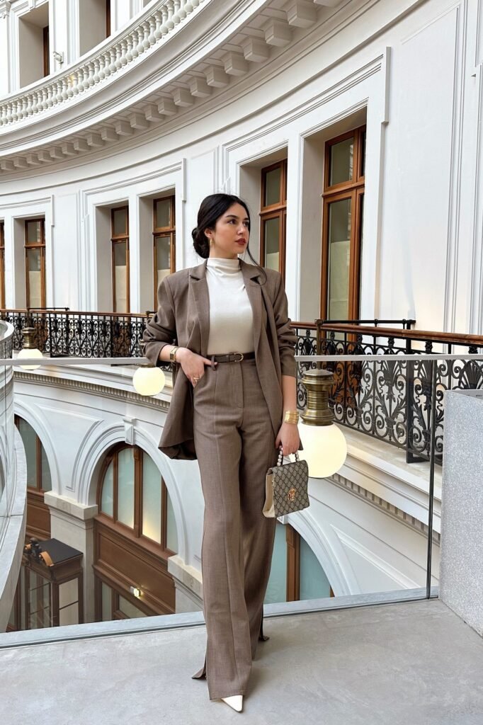 Taupe Oversized Blazer + White Mock-Neck Top + Matching Taupe Split-Hem Trousers
