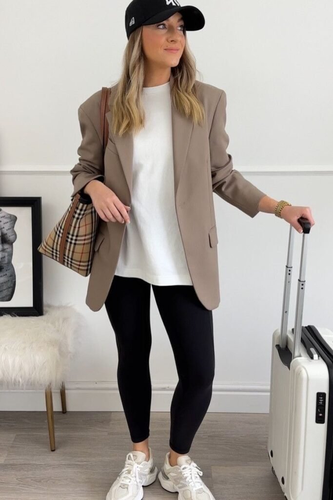 Taupe Oversized Blazer + White T-Shirt + Black Leggings + Beige Chunky Sneakers
