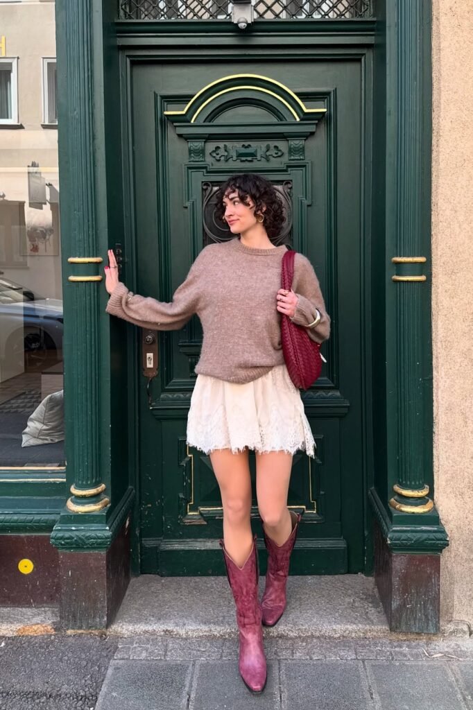 Taupe Oversized Sweater + White Lace Mini Skirt + Burgundy Cowboy Boots