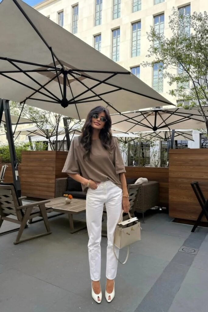 Taupe Oversized T-Shirt + White Slim-Straight Jeans + White Peep-Toe Mules