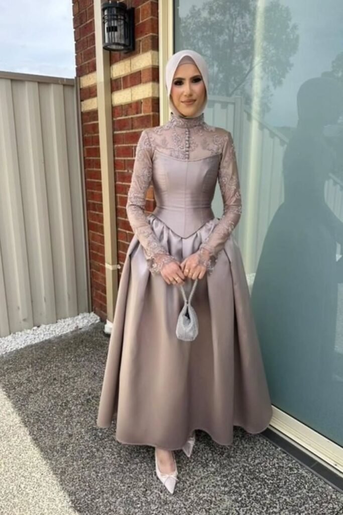 Taupe Satin Modest Gown + High Neck Lace Bodice + Matching Hijab