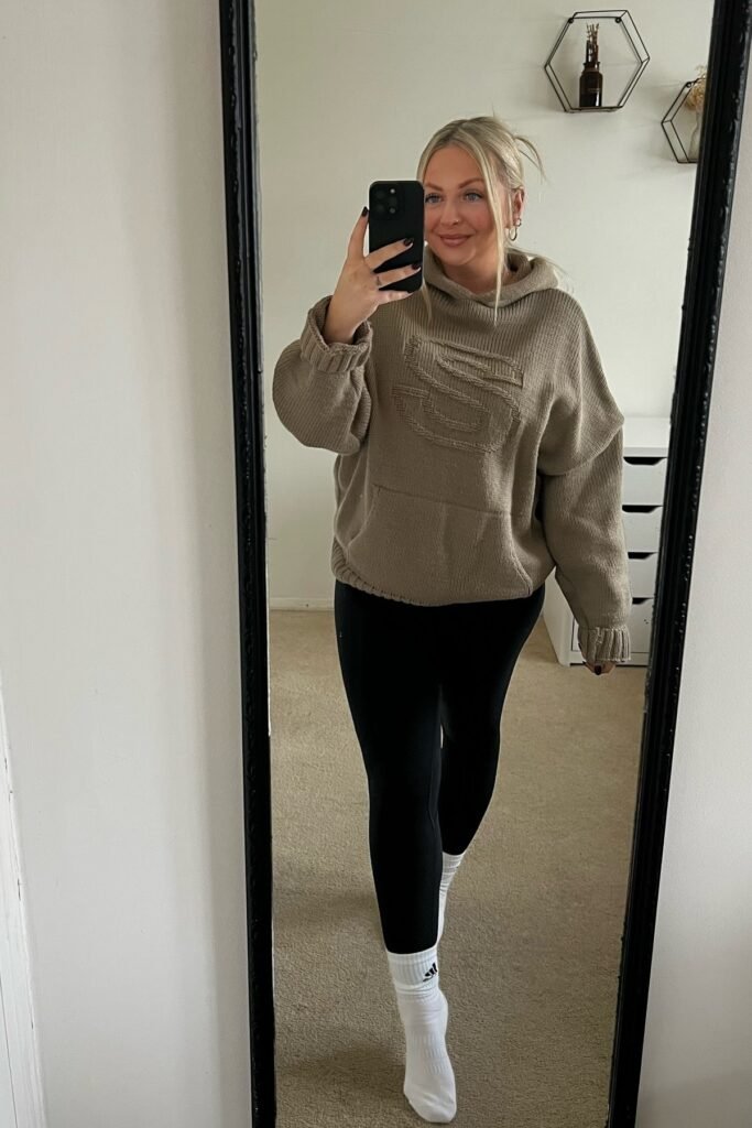 Taupe Textured Knit Hoodie + Black Leggings + White Crew Socks