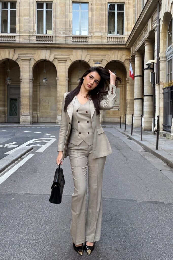 Taupe Three-Piece Suit (Blazer, Double-Breasted Vest, Trousers) + Black Gold-Tip Pumps
