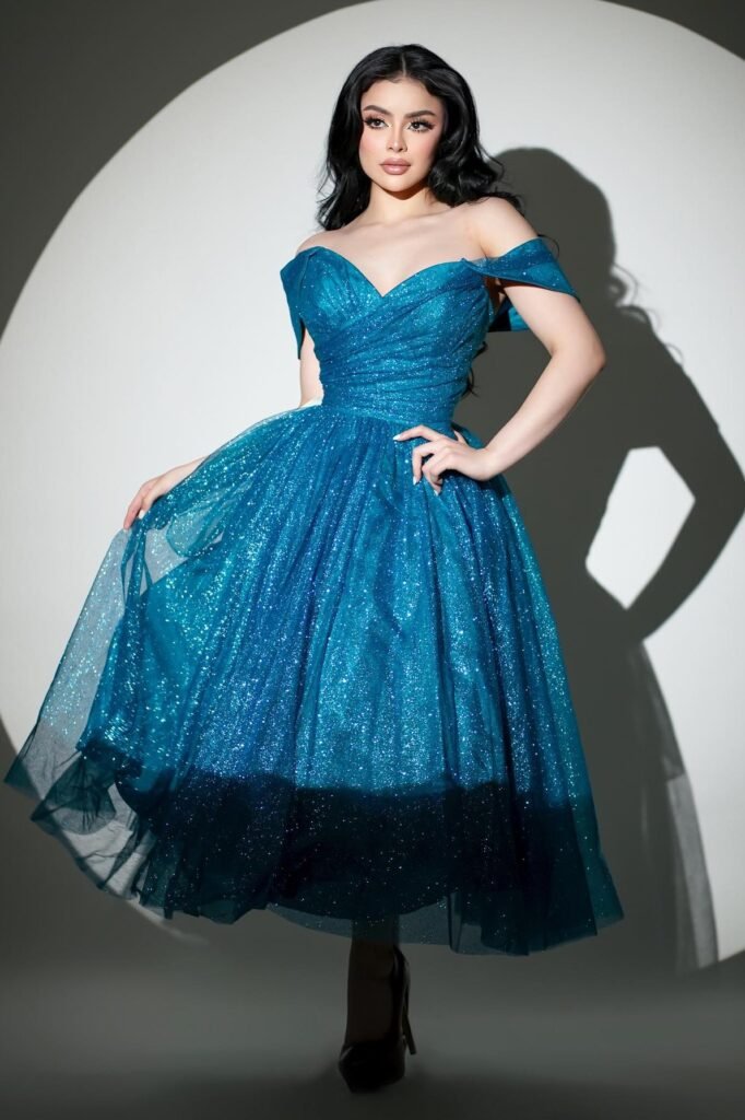 Teal Blue Off-the-Shoulder Glitter Midi Dress + Black Pointed Heels